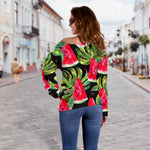 Black Palm Leaf Watermelon Pattern Print Off Shoulder Sweatshirt GearFrost