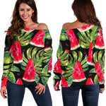 Black Palm Leaf Watermelon Pattern Print Off Shoulder Sweatshirt GearFrost