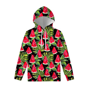 Black Palm Leaf Watermelon Pattern Print Pullover Hoodie