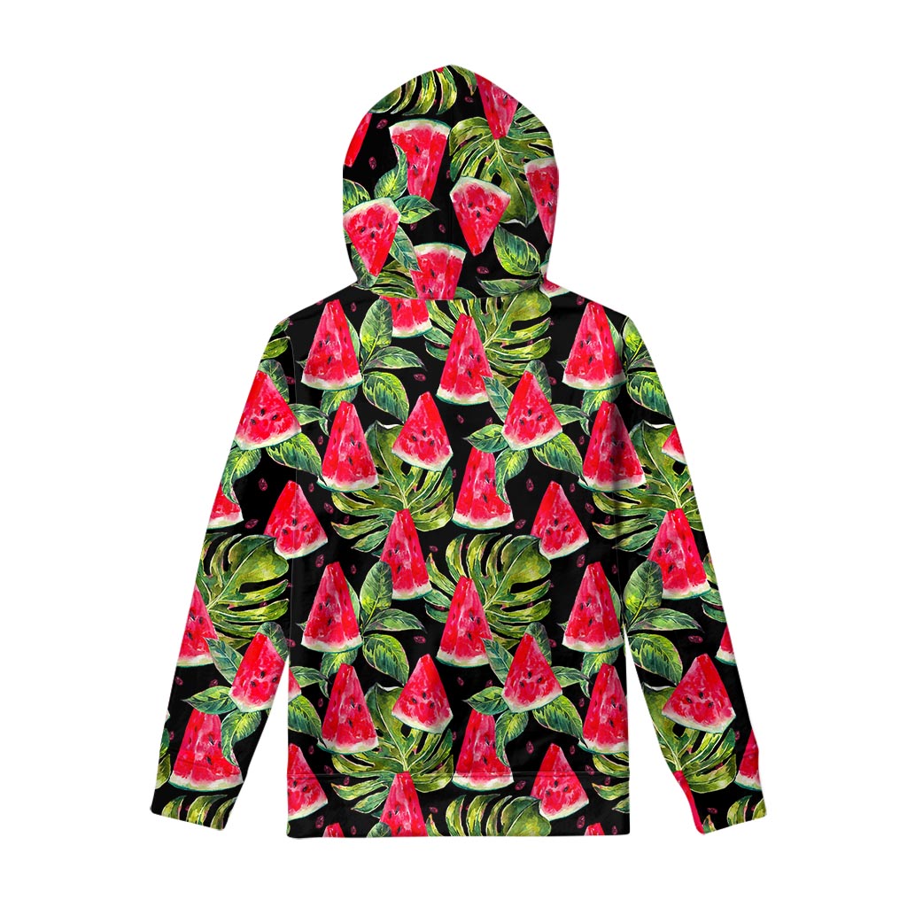 Black Palm Leaf Watermelon Pattern Print Pullover Hoodie