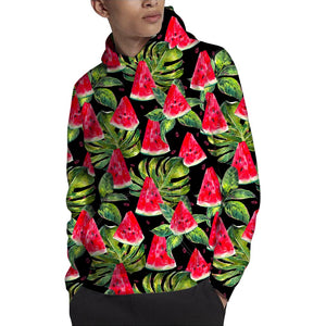 Black Palm Leaf Watermelon Pattern Print Pullover Hoodie