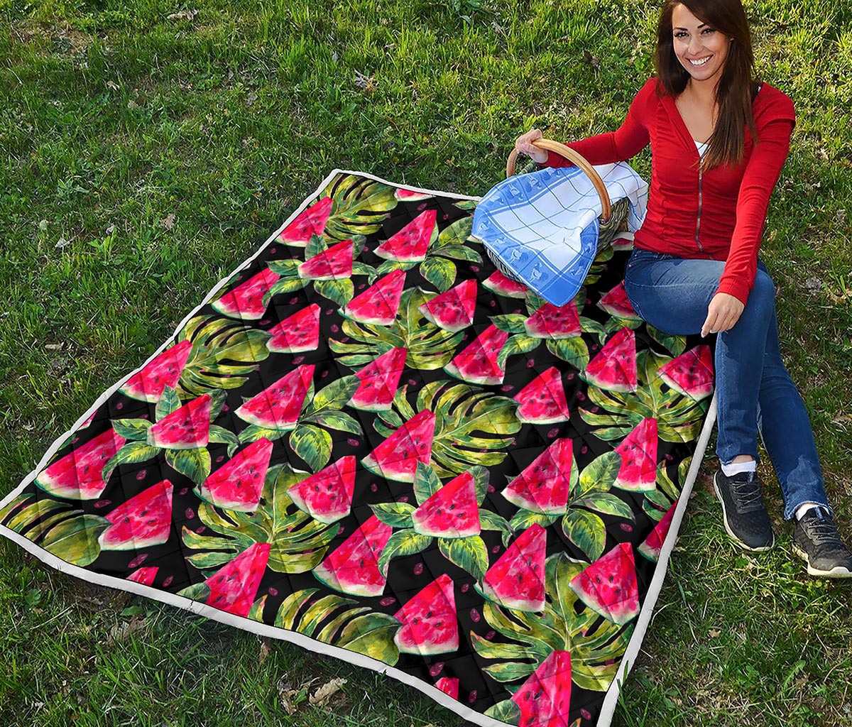 Black Palm Leaf Watermelon Pattern Print Quilt