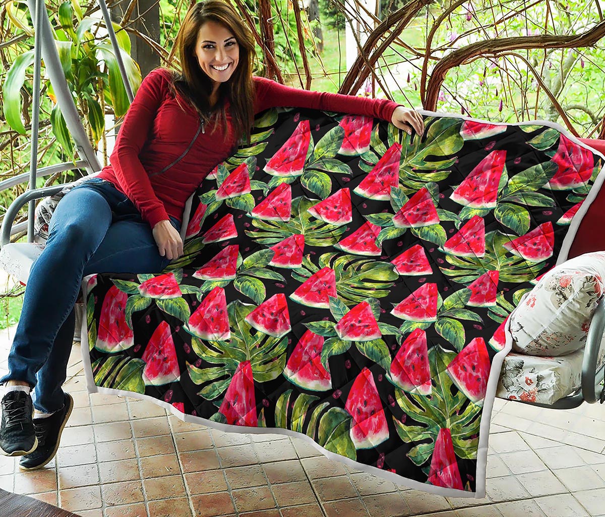 Black Palm Leaf Watermelon Pattern Print Quilt