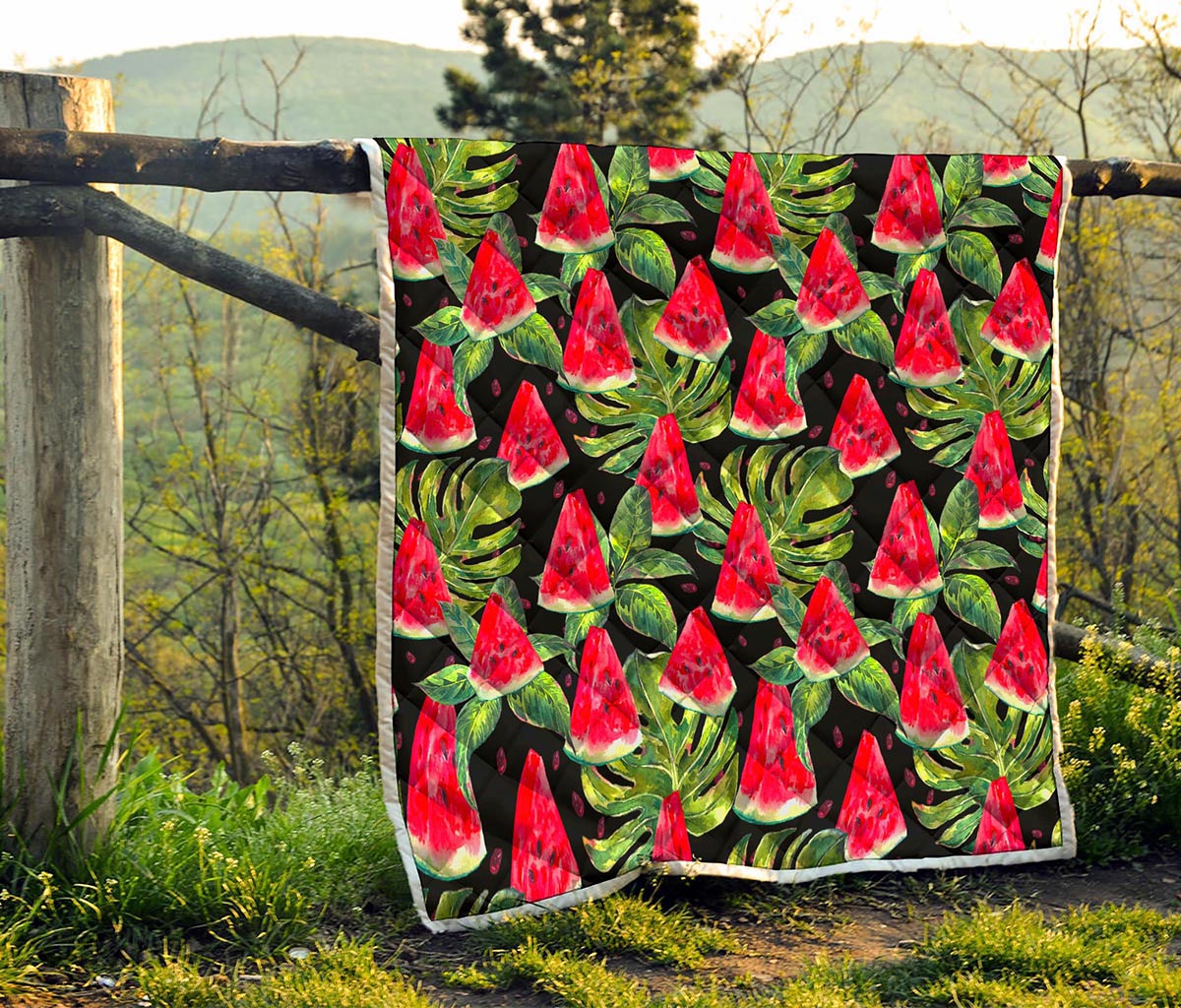 Black Palm Leaf Watermelon Pattern Print Quilt