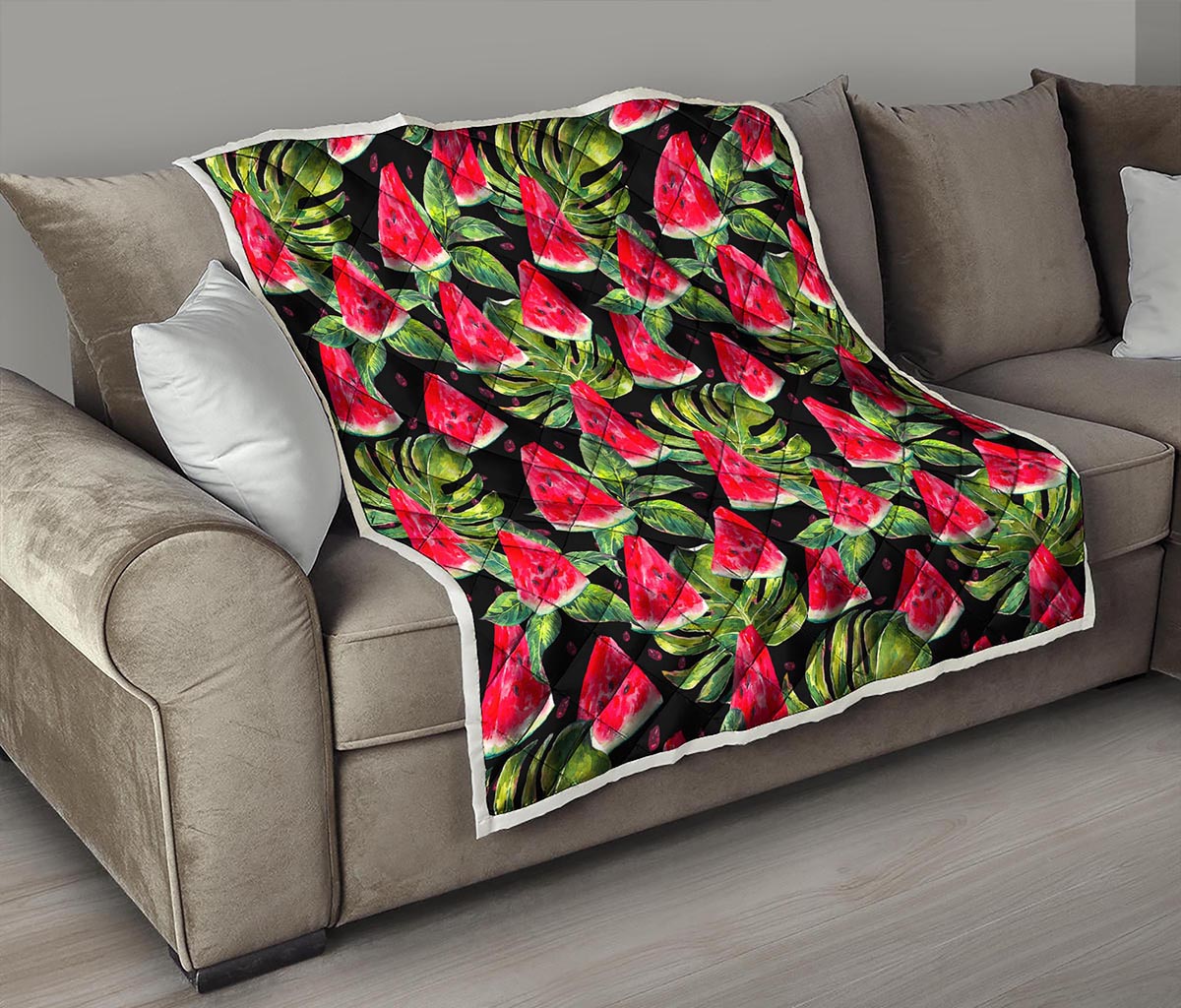 Black Palm Leaf Watermelon Pattern Print Quilt
