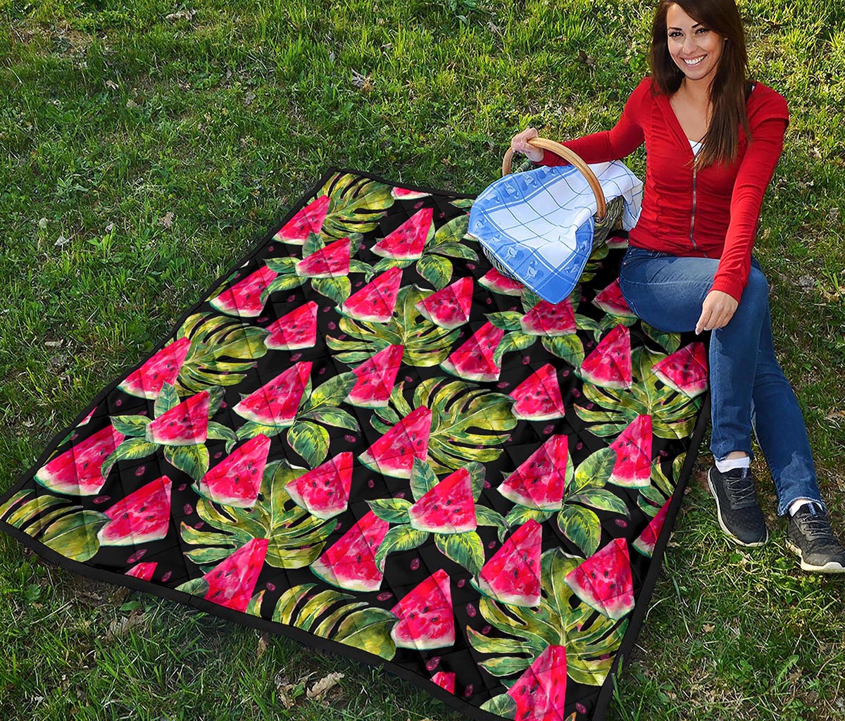 Black Palm Leaf Watermelon Pattern Print Quilt