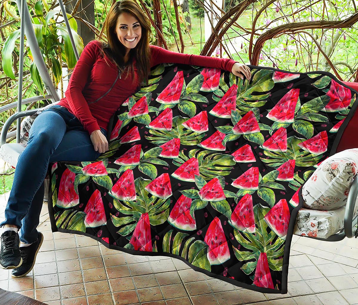 Black Palm Leaf Watermelon Pattern Print Quilt