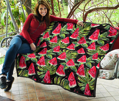 Black Palm Leaf Watermelon Pattern Print Quilt