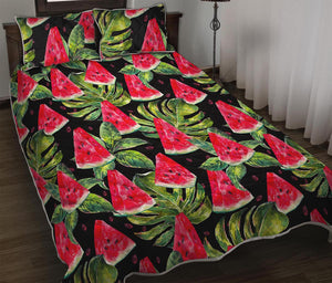 Black Palm Leaf Watermelon Pattern Print Quilt Bed Set