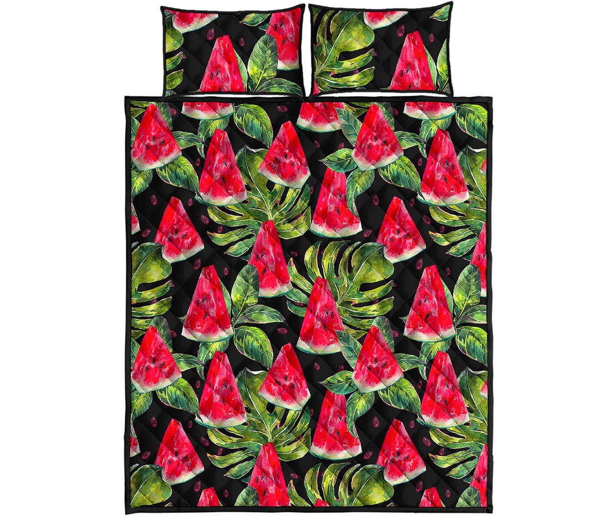 Black Palm Leaf Watermelon Pattern Print Quilt Bed Set