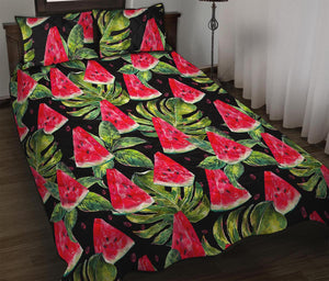 Black Palm Leaf Watermelon Pattern Print Quilt Bed Set