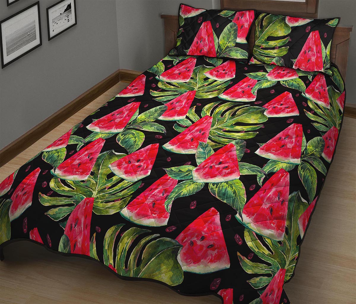 Black Palm Leaf Watermelon Pattern Print Quilt Bed Set