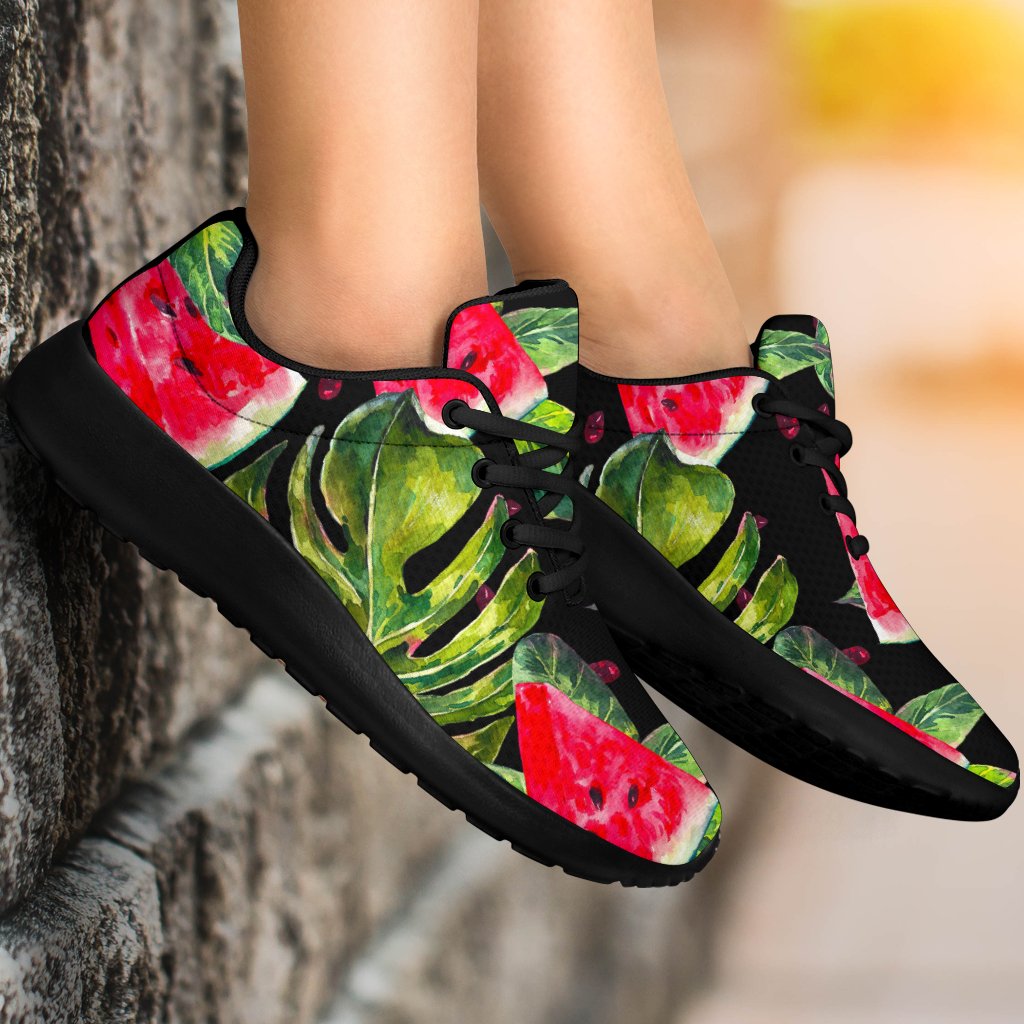 Black Palm Leaf Watermelon Pattern Print Sport Shoes GearFrost