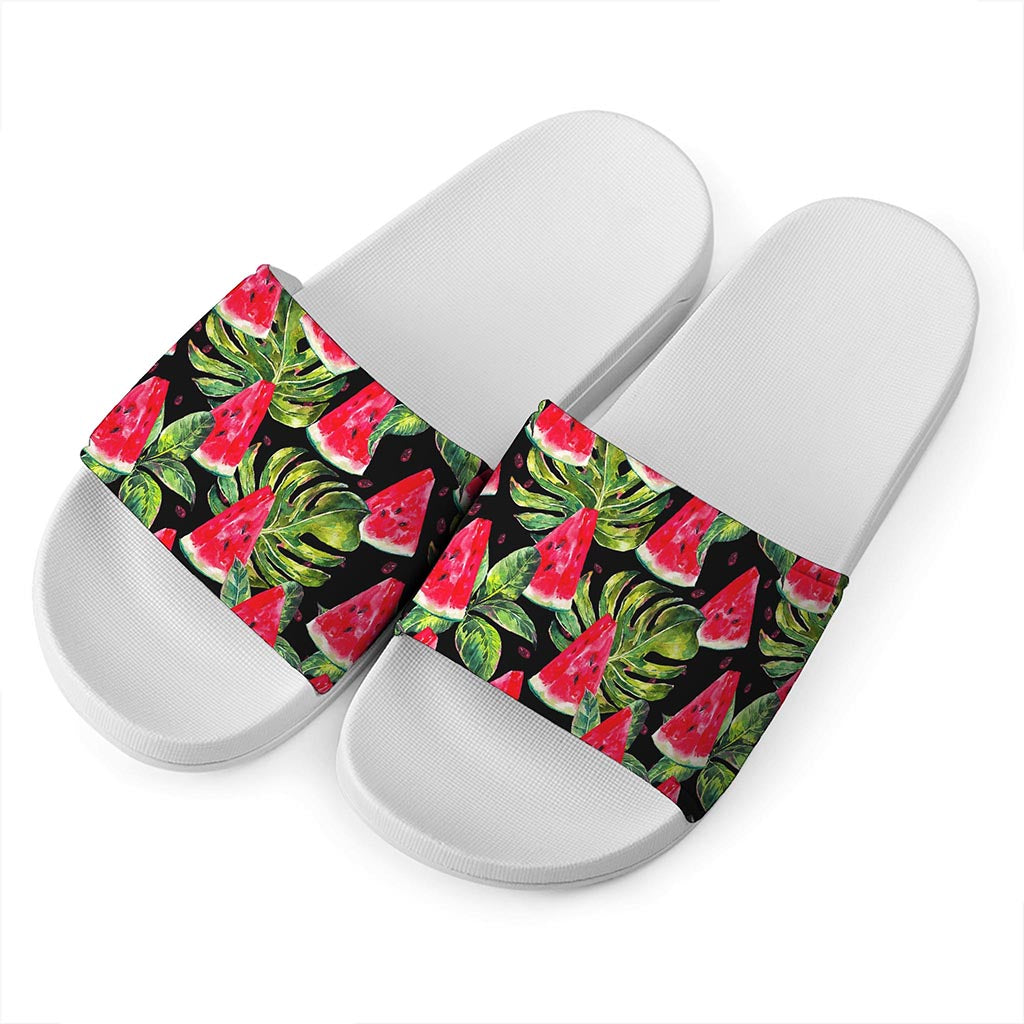 Black Palm Leaf Watermelon Pattern Print White Slide Sandals