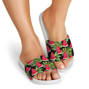 Black Palm Leaf Watermelon Pattern Print White Slide Sandals