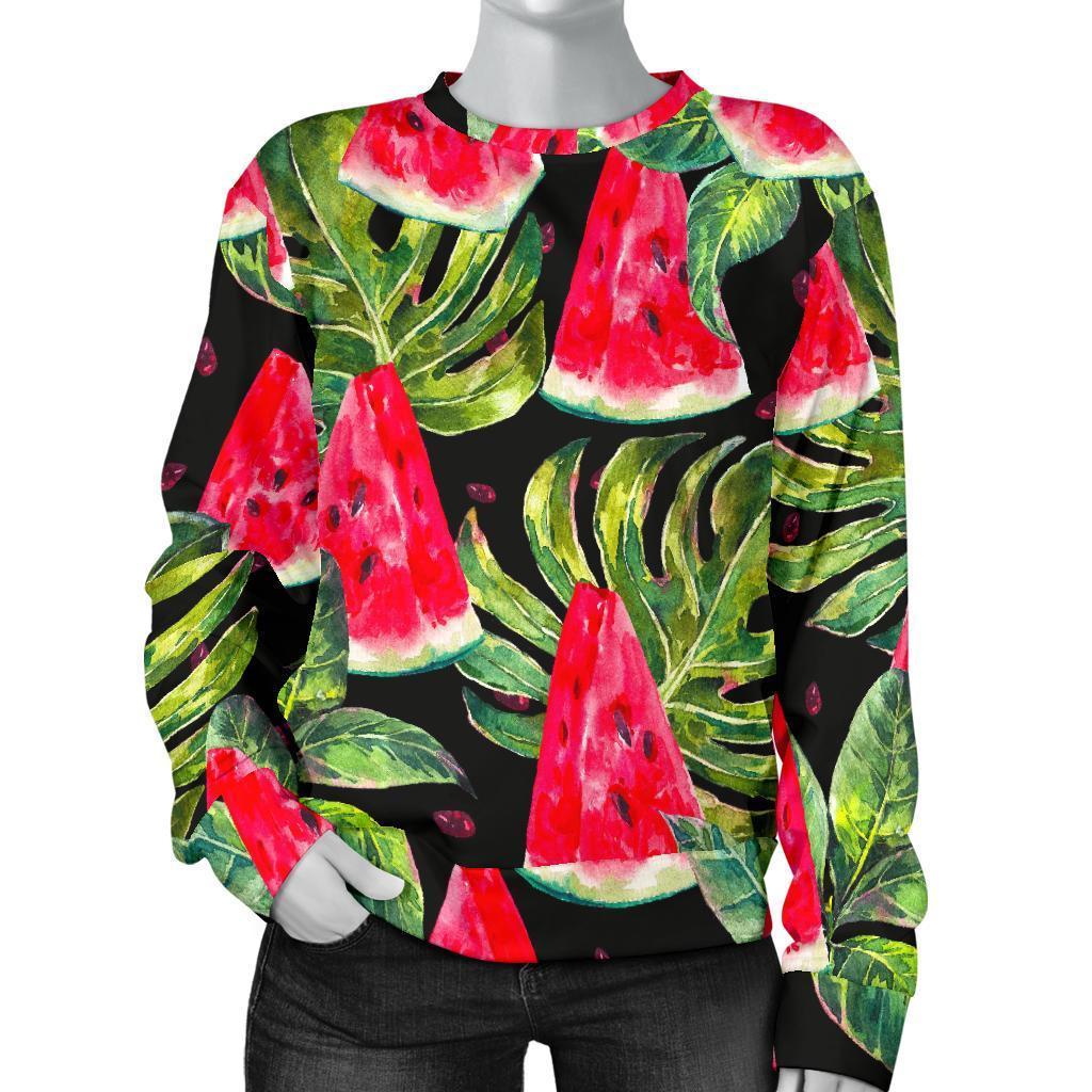 Black Palm Leaf Watermelon Pattern Print Women's Crewneck Sweatshirt GearFrost