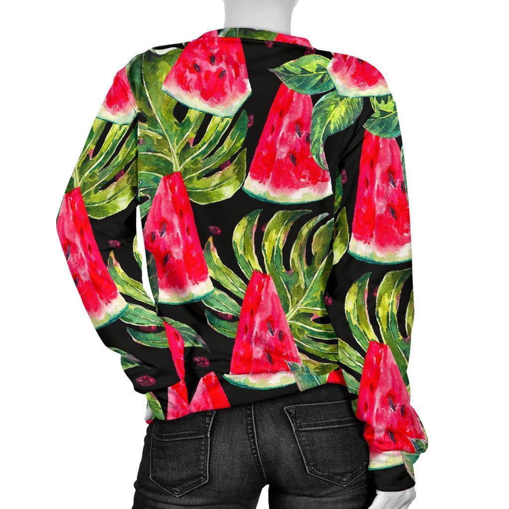 Black Palm Leaf Watermelon Pattern Print Women's Crewneck Sweatshirt GearFrost