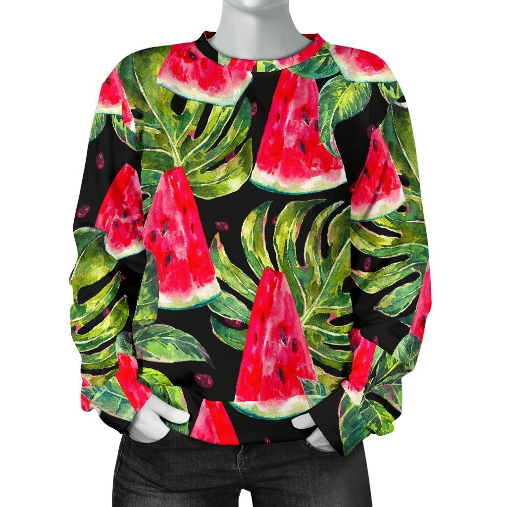 Black Palm Leaf Watermelon Pattern Print Women's Crewneck Sweatshirt GearFrost