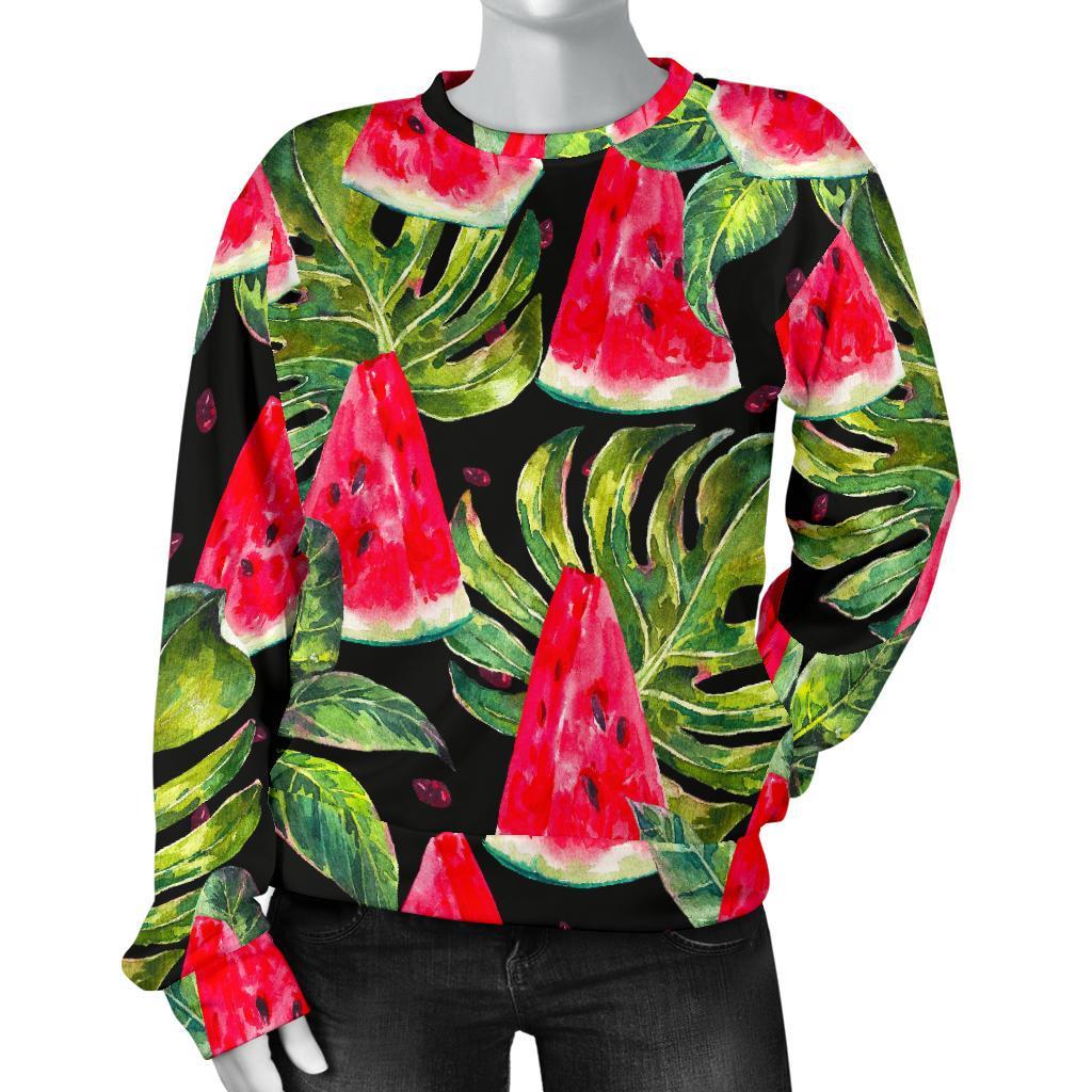 Black Palm Leaf Watermelon Pattern Print Women's Crewneck Sweatshirt GearFrost