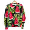 Black Palm Leaf Watermelon Pattern Print Women's Crewneck Sweatshirt GearFrost