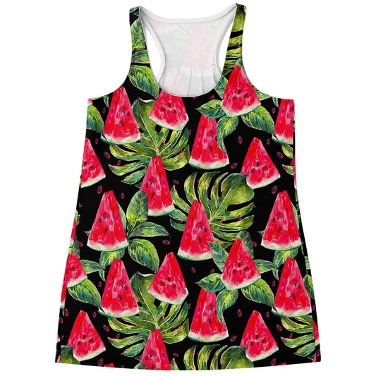 Black Palm Leaf Watermelon Pattern Print Women's Racerback Tank Top