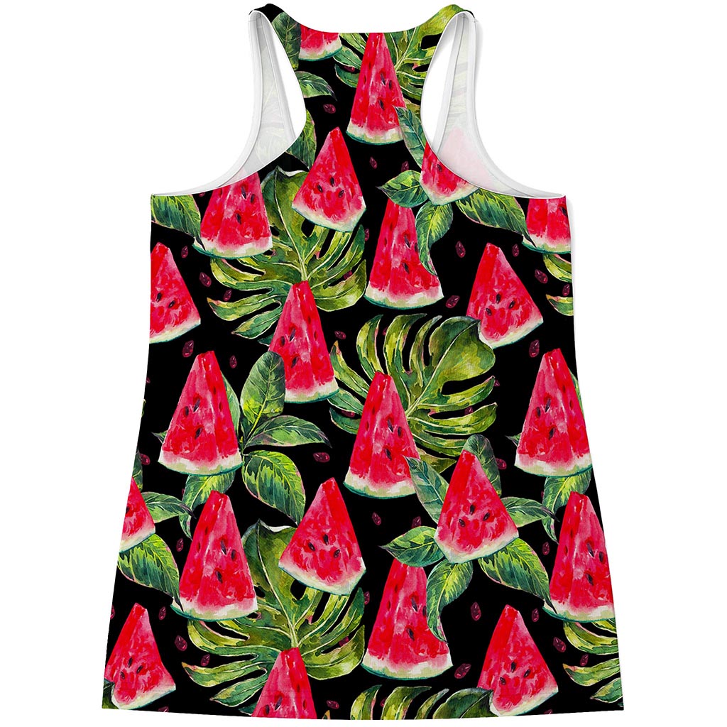 Black Palm Leaf Watermelon Pattern Print Women's Racerback Tank Top