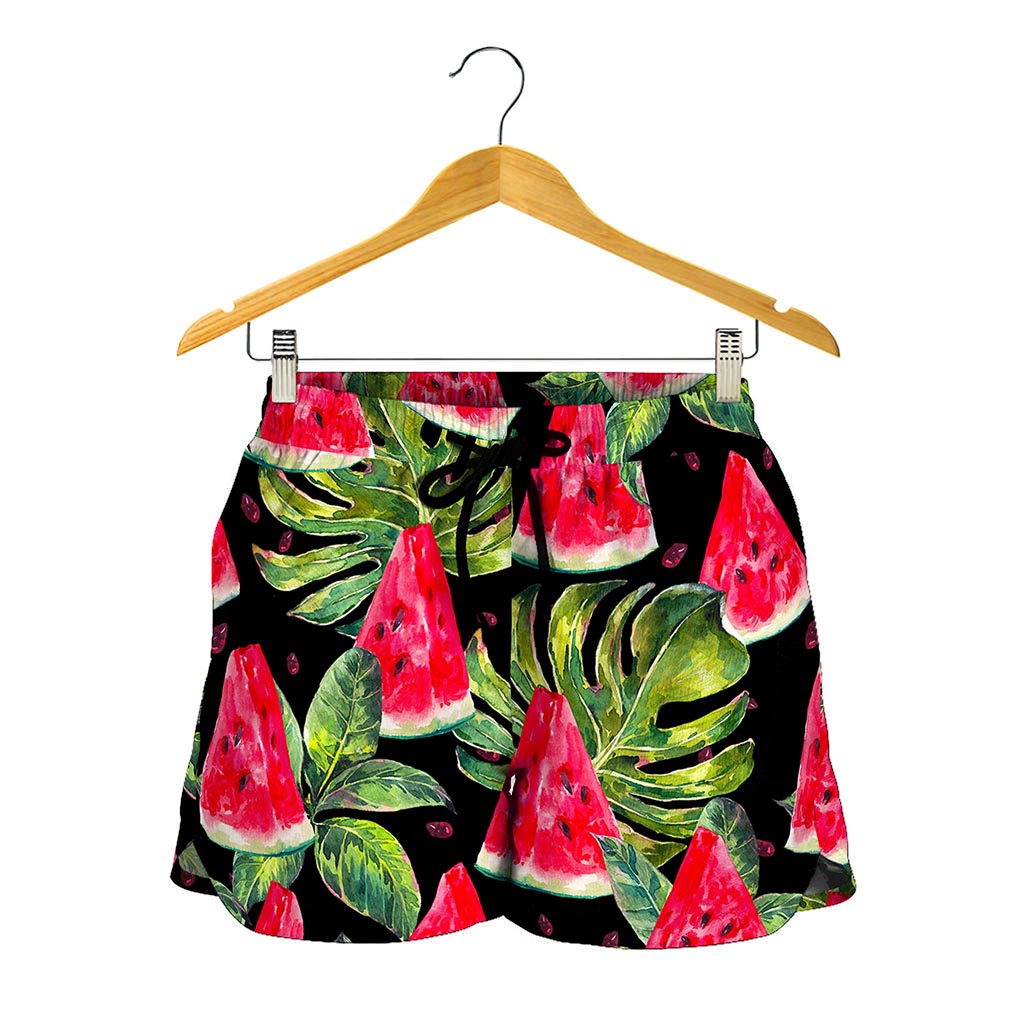 Black Palm Leaf Watermelon Pattern Print Women's Shorts