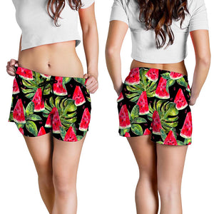 Black Palm Leaf Watermelon Pattern Print Women's Shorts