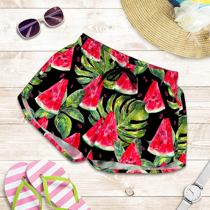 Black Palm Leaf Watermelon Pattern Print Women's Shorts