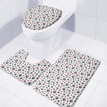 Black Paw And Heart Pattern Print 3 Piece Bath Mat Set