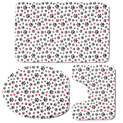 Black Paw And Heart Pattern Print 3 Piece Bath Mat Set