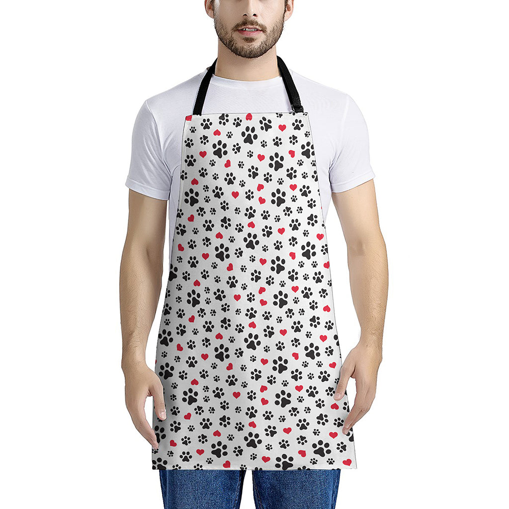 Black Paw And Heart Pattern Print Apron