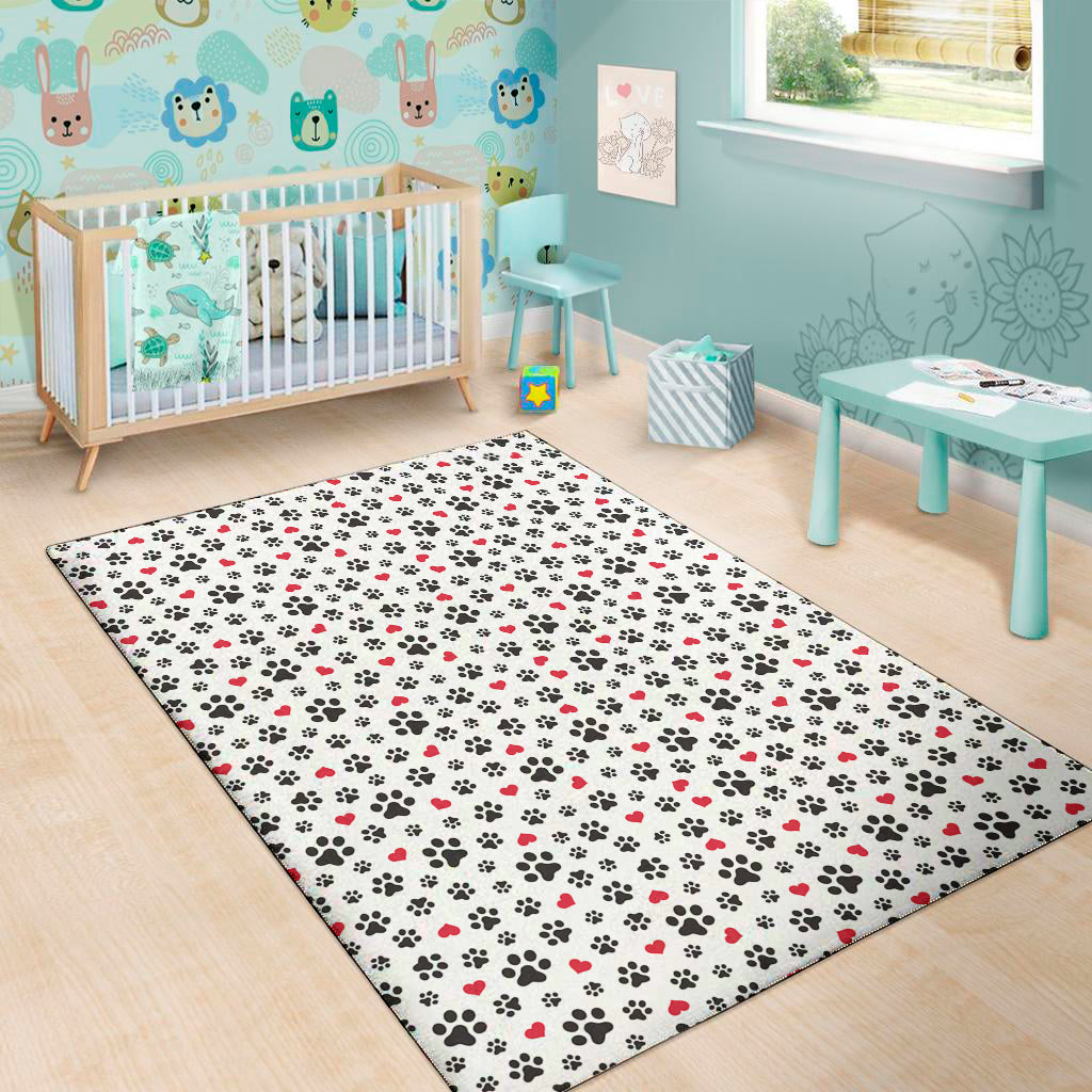 Black Paw And Heart Pattern Print Area Rug