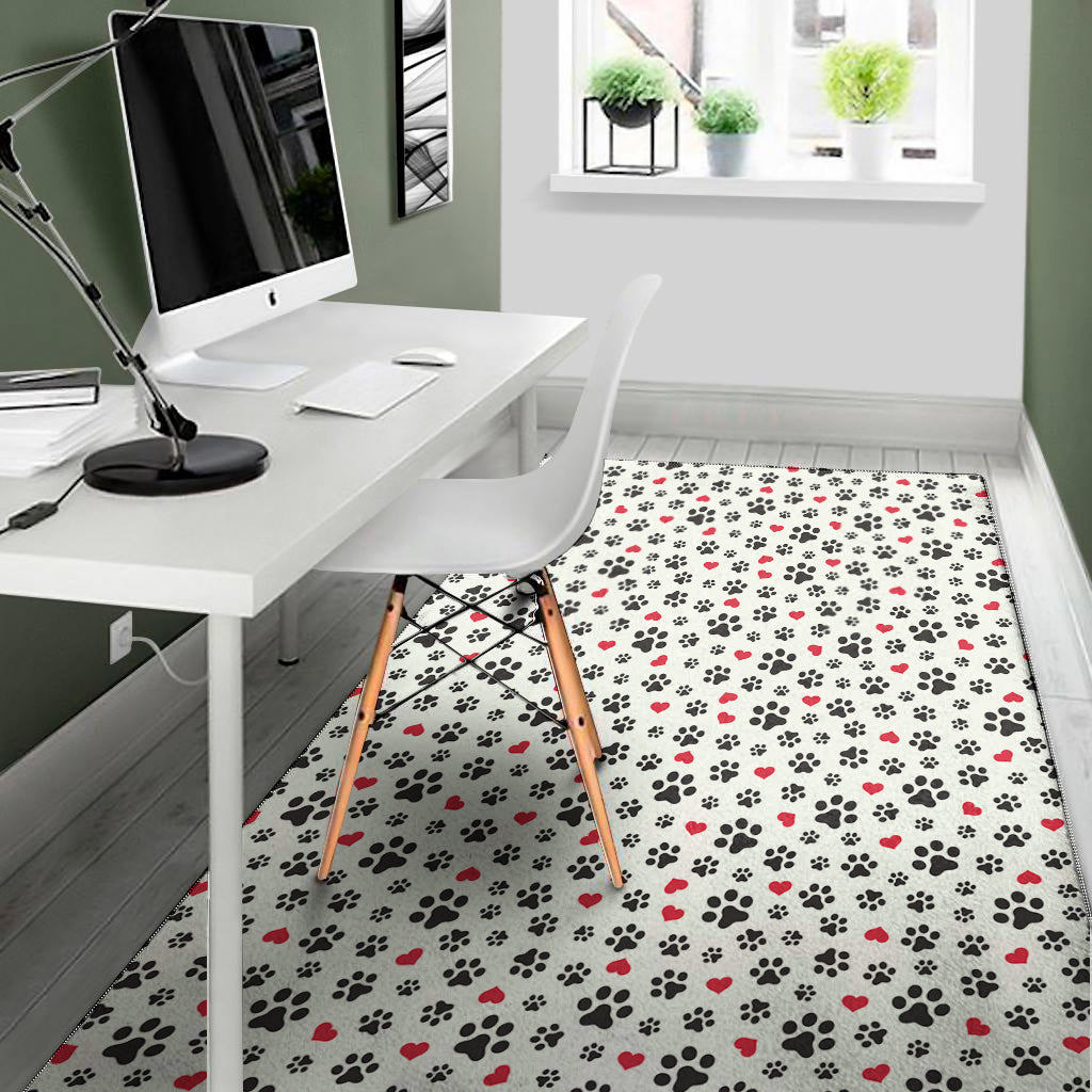 Black Paw And Heart Pattern Print Area Rug