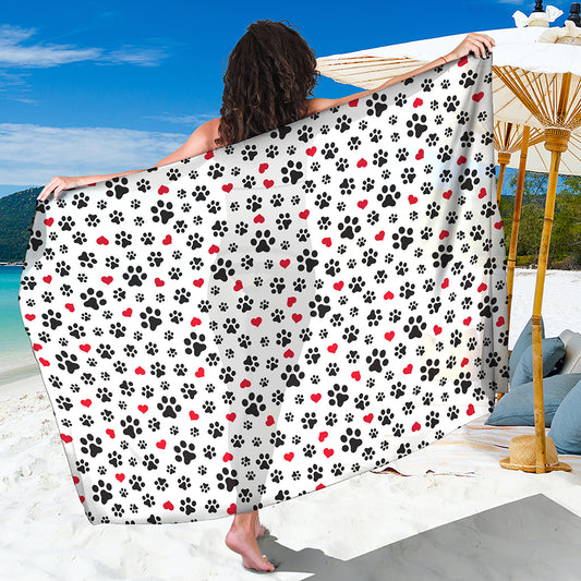 Black Paw And Heart Pattern Print Beach Sarong Wrap