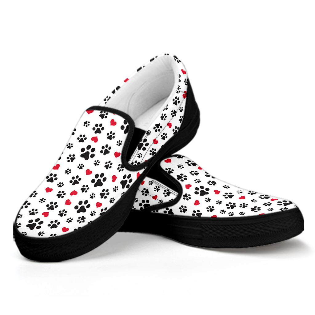 Black Paw And Heart Pattern Print Black Slip On Shoes