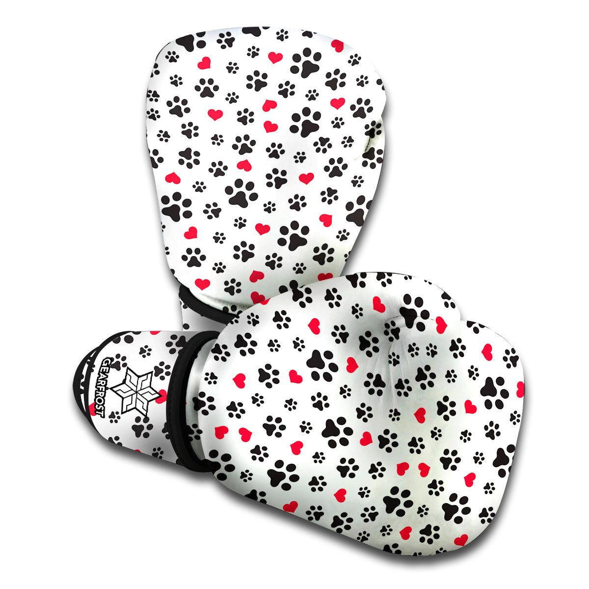 Black Paw And Heart Pattern Print Boxing Gloves