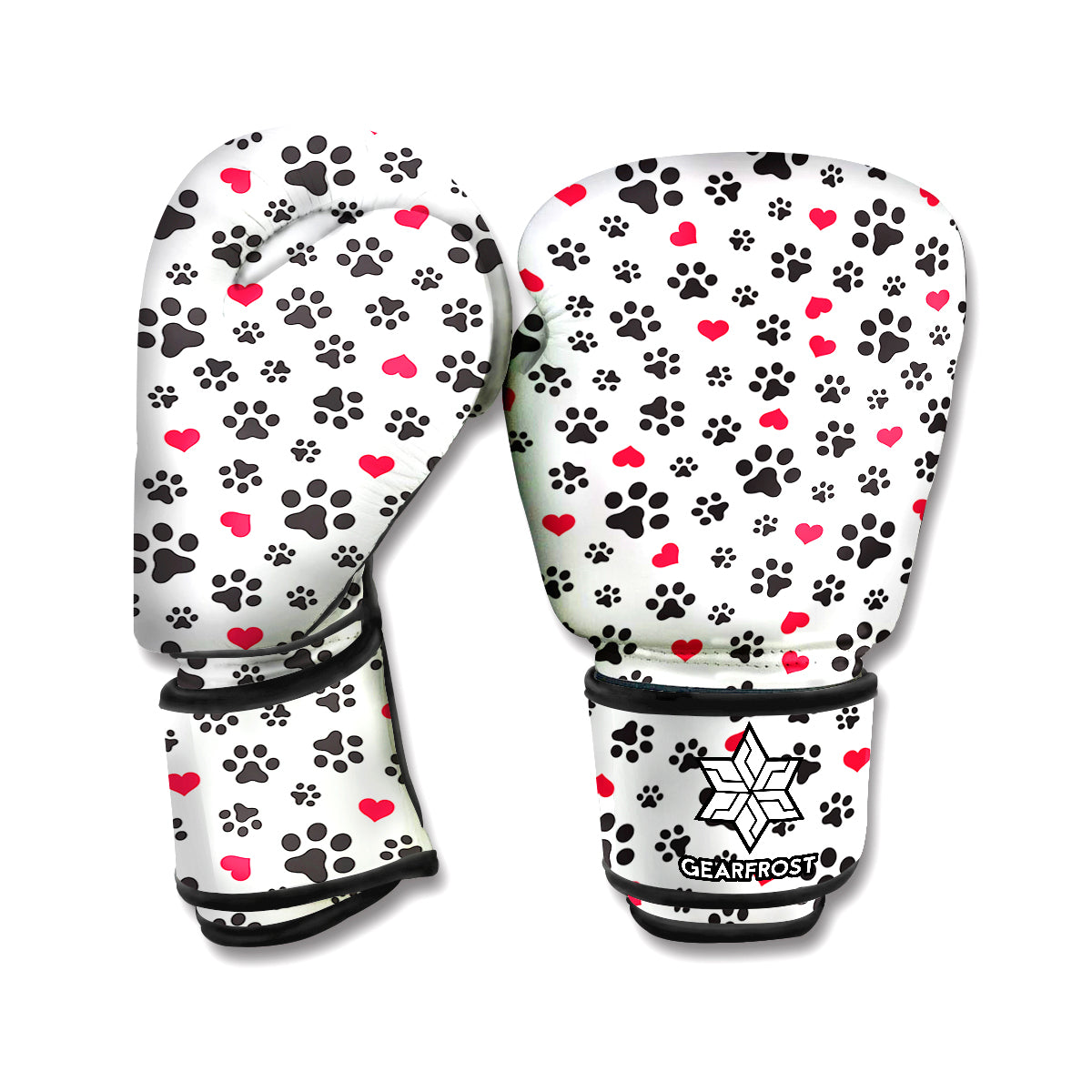 Black Paw And Heart Pattern Print Boxing Gloves