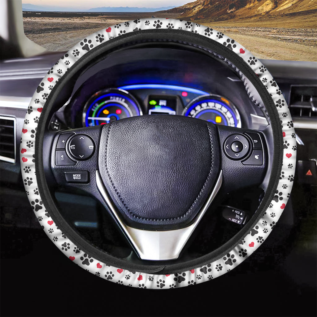 Black Paw And Heart Pattern Print Car Steering Wheel Cover