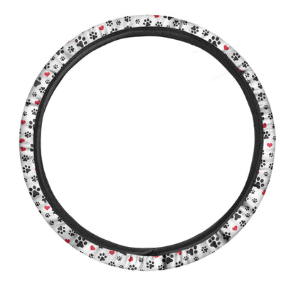 Black Paw And Heart Pattern Print Car Steering Wheel Cover