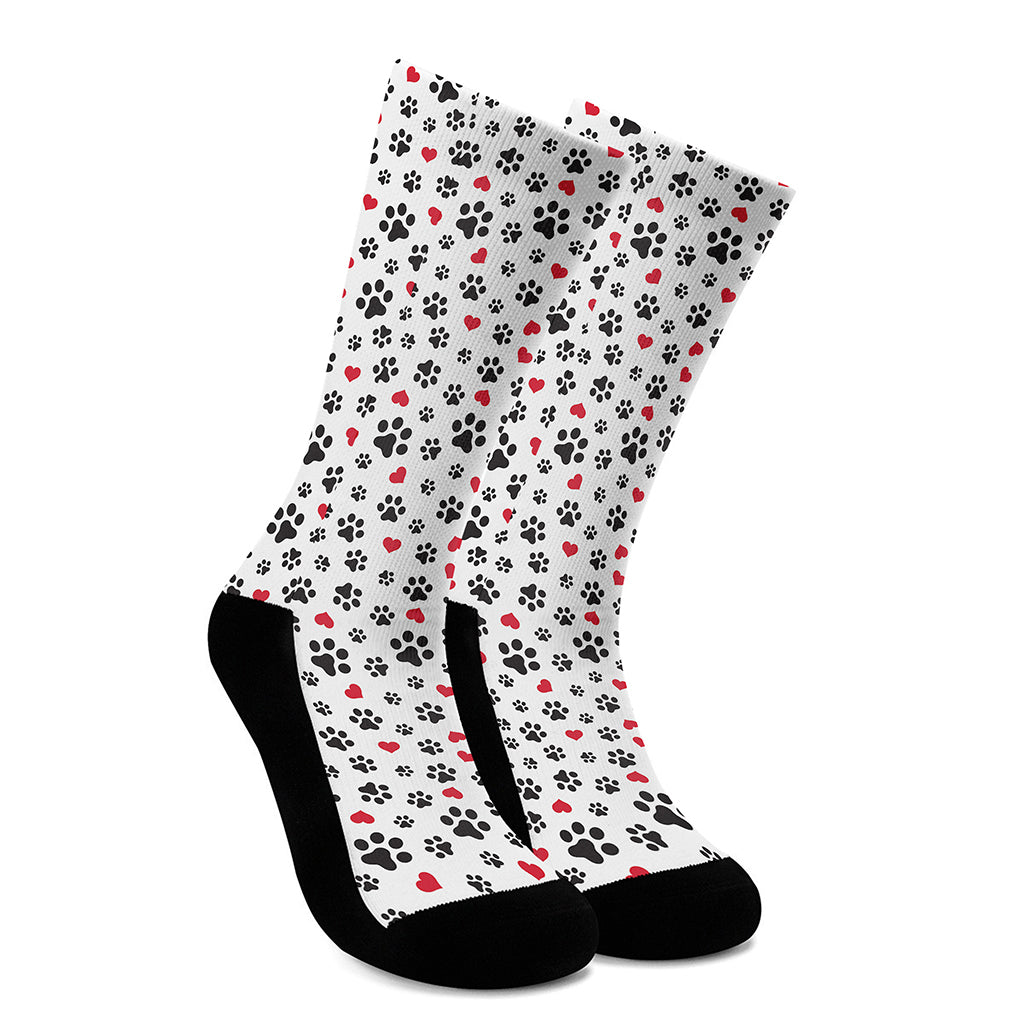 Black Paw And Heart Pattern Print Crew Socks