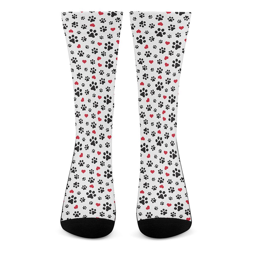 Black Paw And Heart Pattern Print Crew Socks