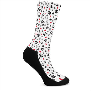 Black Paw And Heart Pattern Print Crew Socks