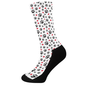 Black Paw And Heart Pattern Print Crew Socks