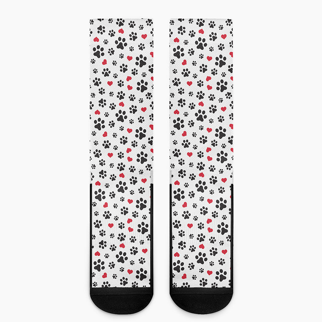 Black Paw And Heart Pattern Print Crew Socks