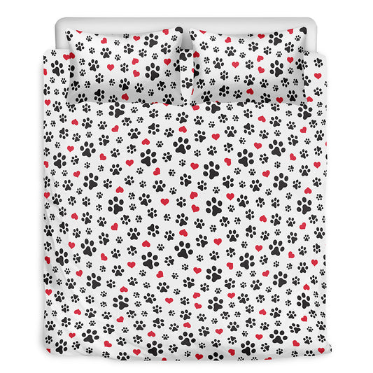 Black Paw And Heart Pattern Print Duvet Cover Bedding Set