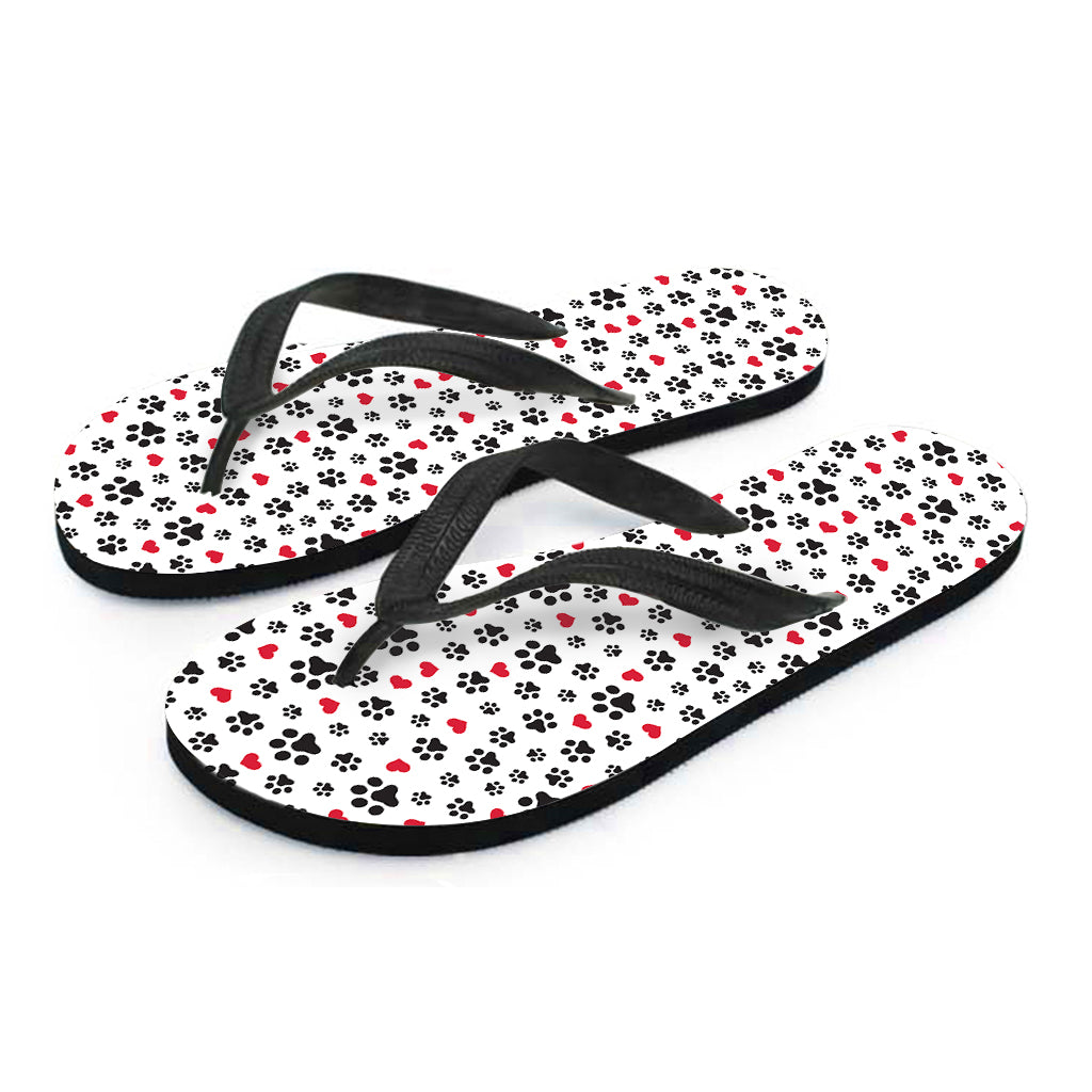 Black Paw And Heart Pattern Print Flip Flops