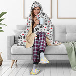 Black Paw And Heart Pattern Print Hooded Blanket