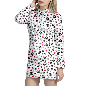 Black Paw And Heart Pattern Print Hoodie Dress