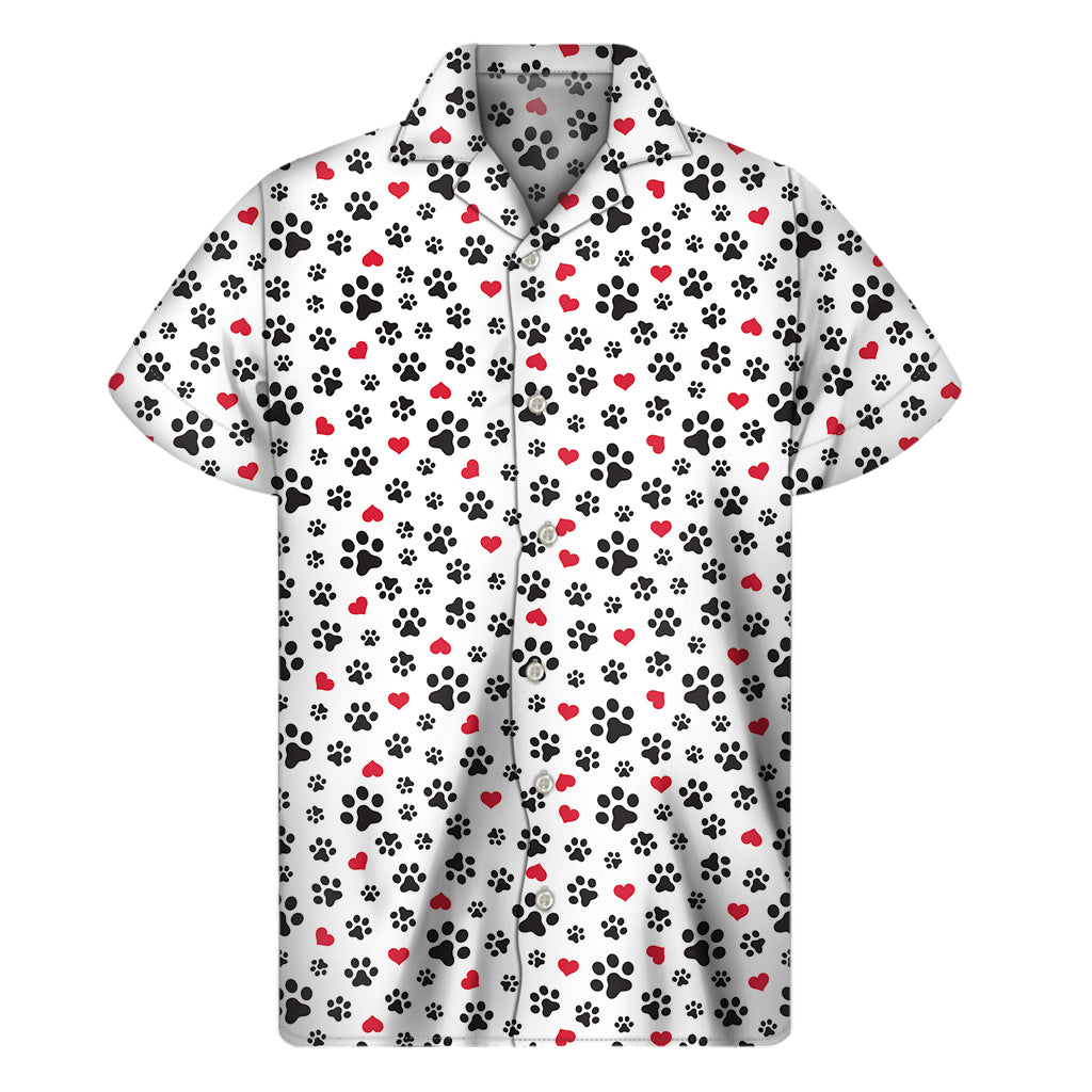 Black Paw And Heart Pattern Print Men's Short Sleeve Shirt